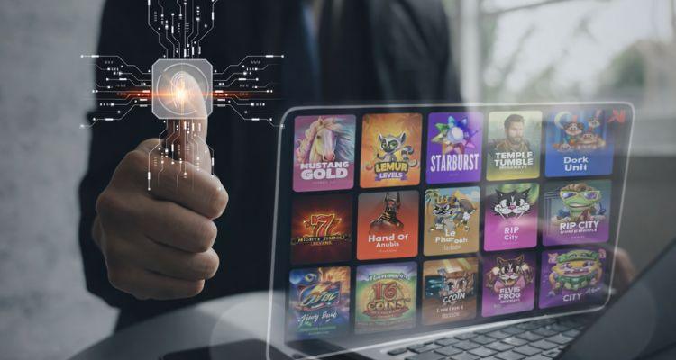 Persoon gebruikt laptop met transparante casino-interface en AI-chip, waarop kleurrijke online gokkasten zichtbaar zijn