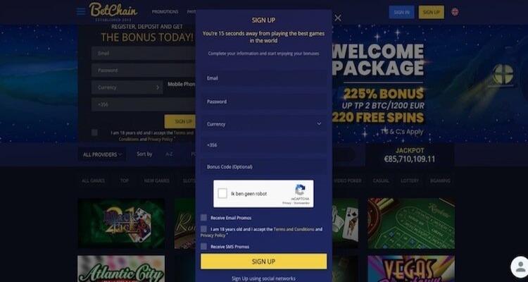 Betchain Casino registreren