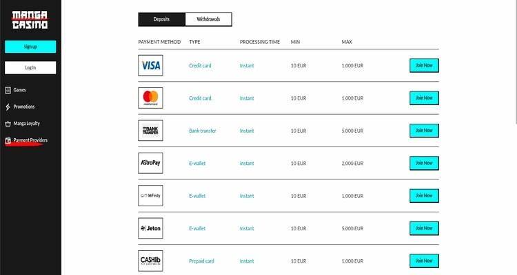 Manga Casino betaalmethoden