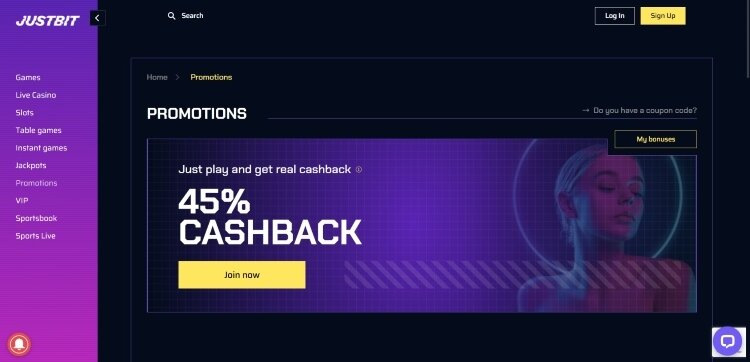 JustBit Casino 45% cashback