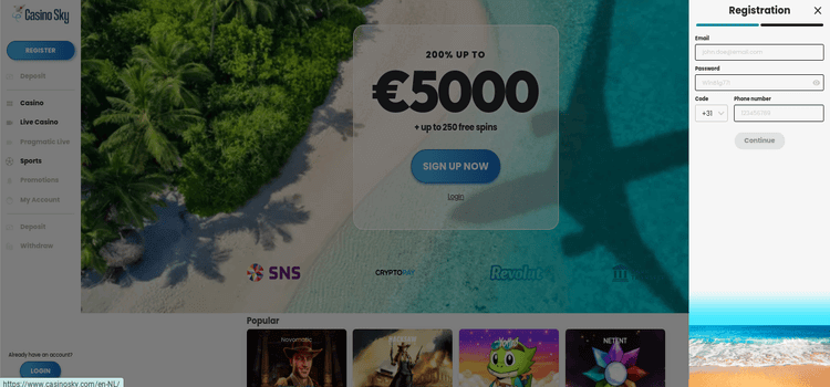 Casino Sky registreren