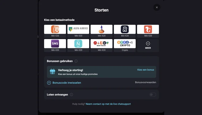 Openbare betaalpagina van Amonbet met methoden, kosten en verwerkingstijden