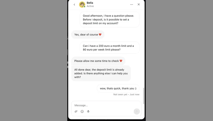 Chatgesprek waarin support bevestigt dat een maand- en weeklimiet ingesteld kan worden