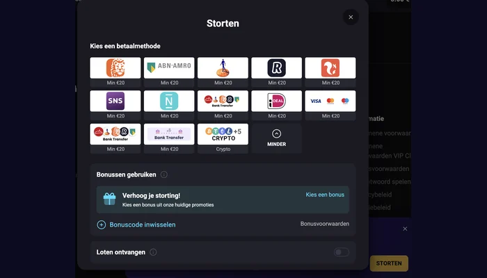 Kassa van Amonbet met iDEAL, ING, ABN AMRO, Rabobank, Revolut, bunq, SNS en N26