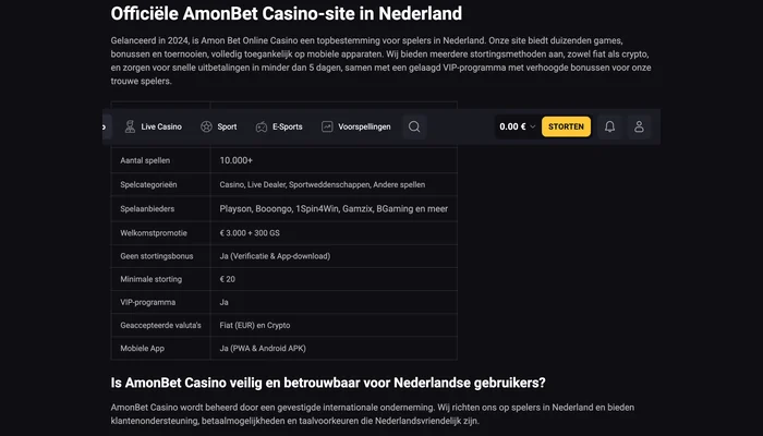 Sectie Officiele AmonBet Casino-site in Nederland met specificatietabel