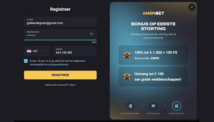 Registratieformulier van Amonbet met de bonuspopup voor de eerste storting