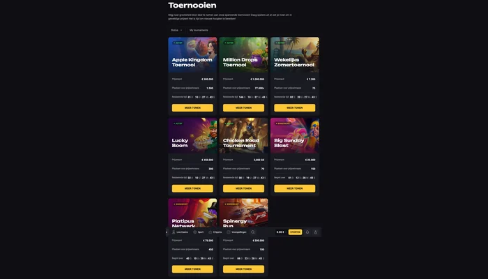 Toernooienpagina van Amonbet met acht lopende toernooien, prijzenpotten en aantallen prijswinnaars
