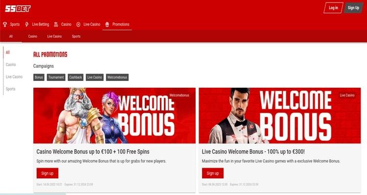 55Bet casino promotions