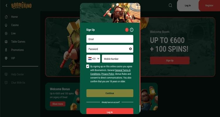 Boomerino casino account aanmaken