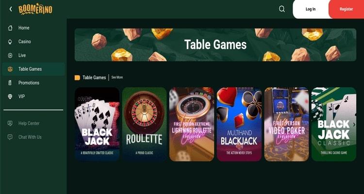 Boomerino casino table games