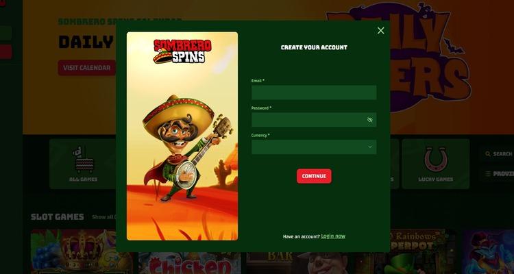 Sombrero Spins account aanmaken