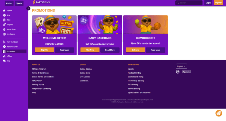 PartySpins casino bonus