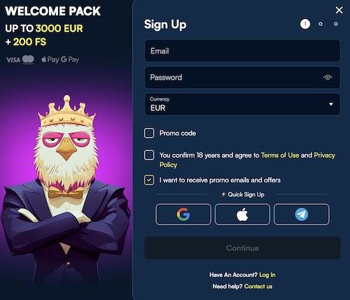 Fano.bet casino registratie stap 1