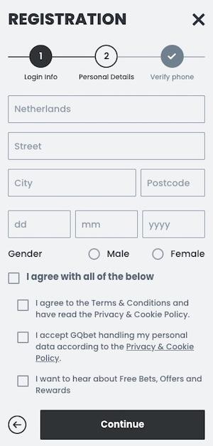 GQbet registratie scherm 2