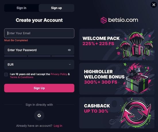Betsio.com registratie