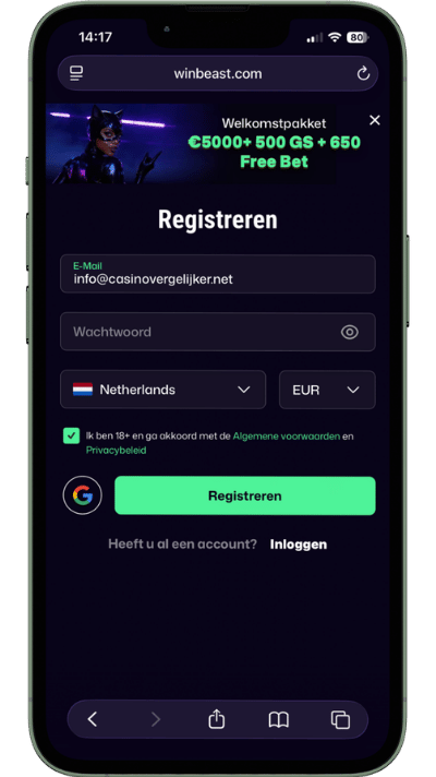 Registratiescherm van WinBeast op mobiel