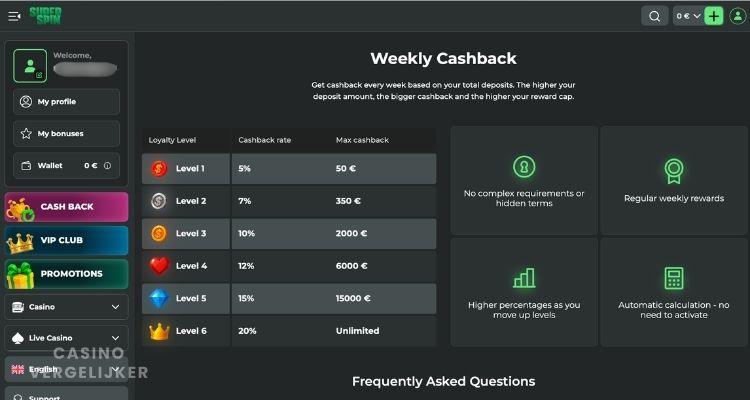wekelijkse cashback van superspin casino