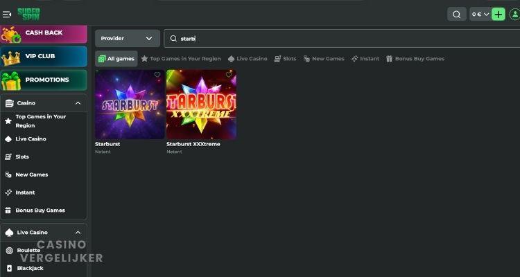 Starburst en Starburst XXXtreme bij Superspin casino