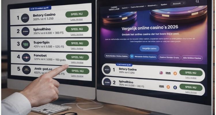 Twee schermen met casino toplijst en homepage terwijl hand wijst naar ranking en verschillen zichtbaar zijn
