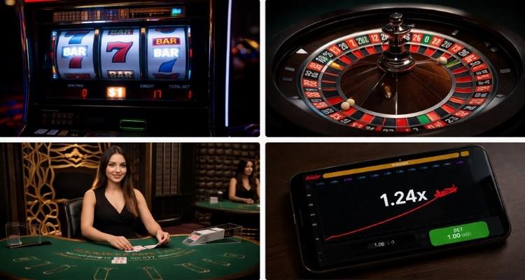 Vier casino speltypes in beeld: gokkast, roulette met kaarten, live dealer aan tafel en een instant game op scherm