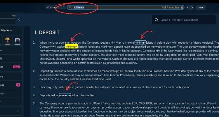 vind de minimum deposit in de casino voorwaarden