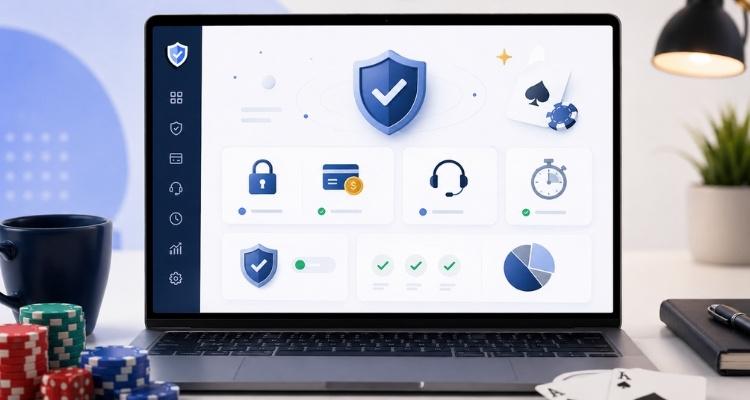 Laptop met casino dashboard, veiligheidsschild en controlepunten voor een betrouwbaar casino zonder Cruks