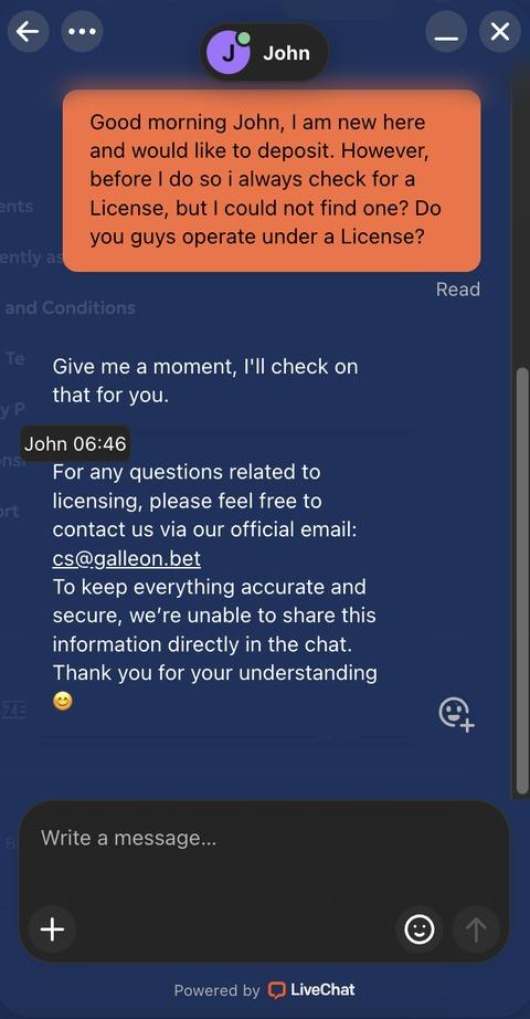 Livechat met Galleon over de vergunning