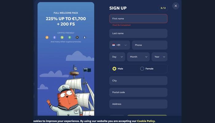 Galleon aanmeldformulier met Nederlandse landcode +31