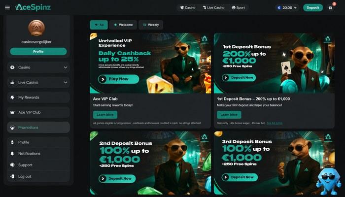 AceSpinz promotiepagina met de drie stortingsbonussen