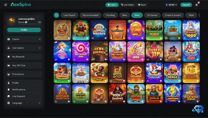 AceSpinz slotslobby met filters