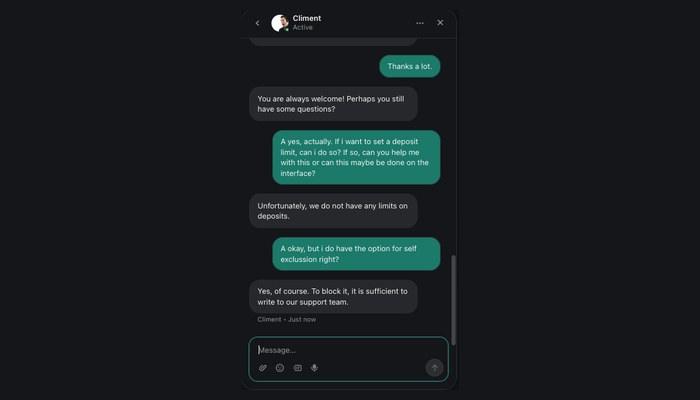 Chatgesprek over stortlimiet en zelfuitsluiting bij AceSpinz