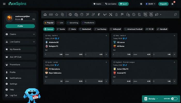 AceSpinz sportsbook met voetbalwedstrijden