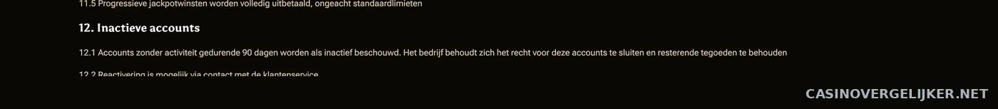 Artikel 12 van de algemene voorwaarden van Amunbet over inactieve accounts