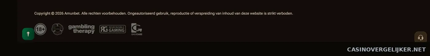 Footer van Amunbet met keurmerken voor verantwoord spelen, zonder vergunningnummer