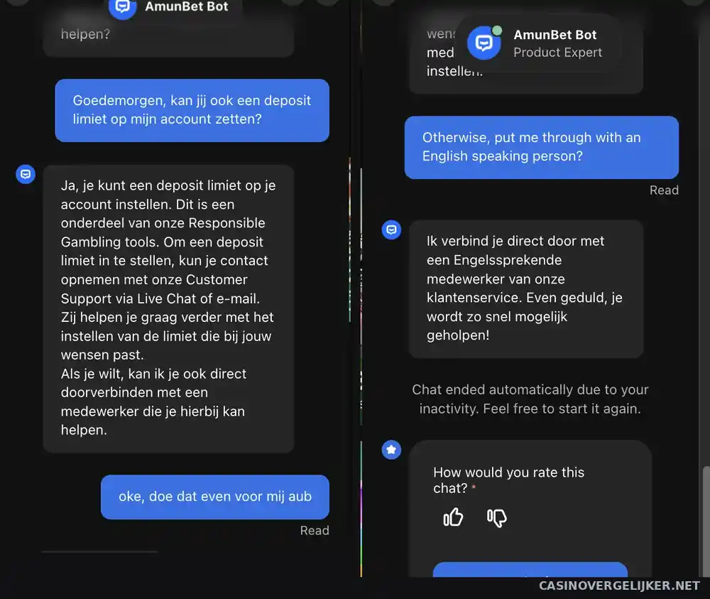 Chattranscript met Amunbet over het instellen van een stortlimiet