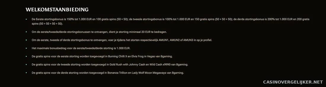De drie stortingsbonussen van Amunbet met percentages, maxima en bonuscodes