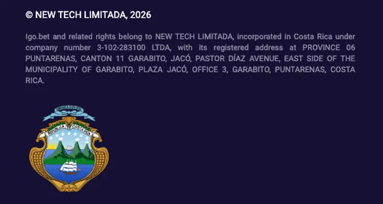 Voettekst van igo.bet met NEW TECH LIMITADA, ondernemingsnummer 3-102-283100 LTDA en het wapenschild van Costa Rica