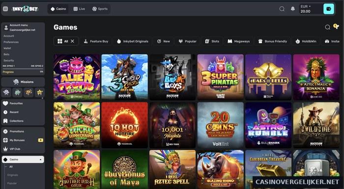Spellenlobby van Inkybet met de studionaam onder elk spel