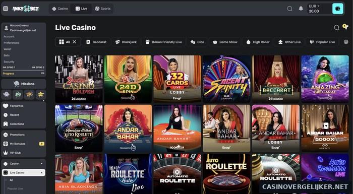 Live casino van Inkybet met tafels van Evolution en Pragmatic Play