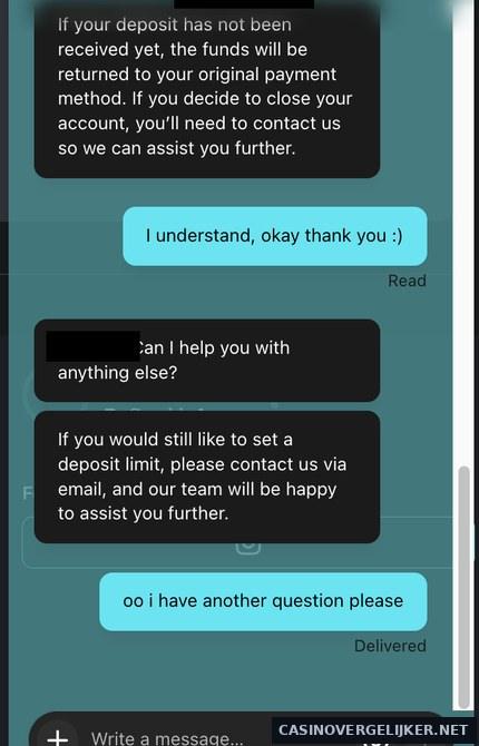 Livechat van Inkybet waarin een stortlimiet per e-mail wel kan