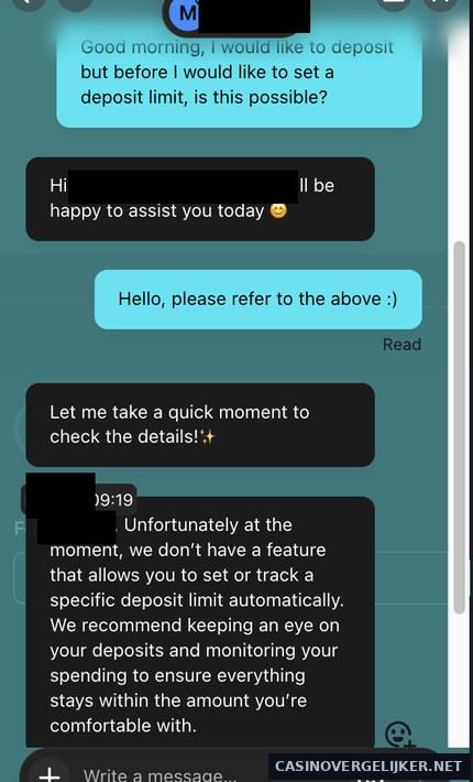 Livechat van Inkybet over een stortlimiet