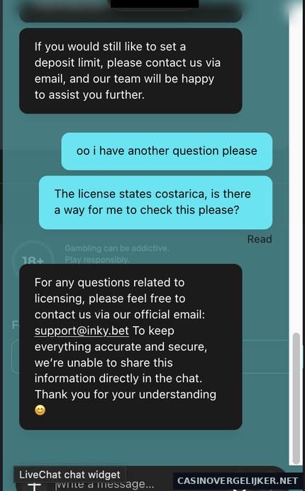 Livechat van Inkybet over de vergunning