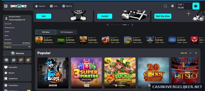 Saldo van 20 euro na de eigen storting bij Inkybet