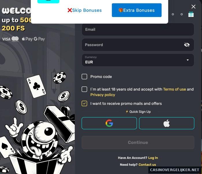 Eerste stap van de registratie bij Inkybet