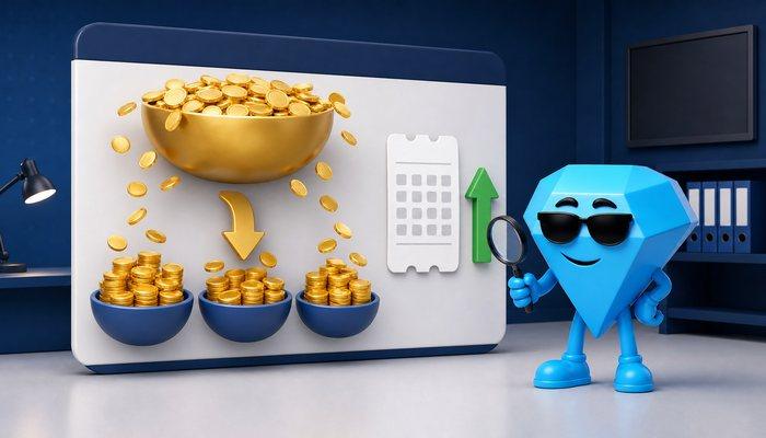 Een gouden jackpotschaal die tot aan een plafond gevuld is en overloopt in drie kleinere prijsschalen eronder