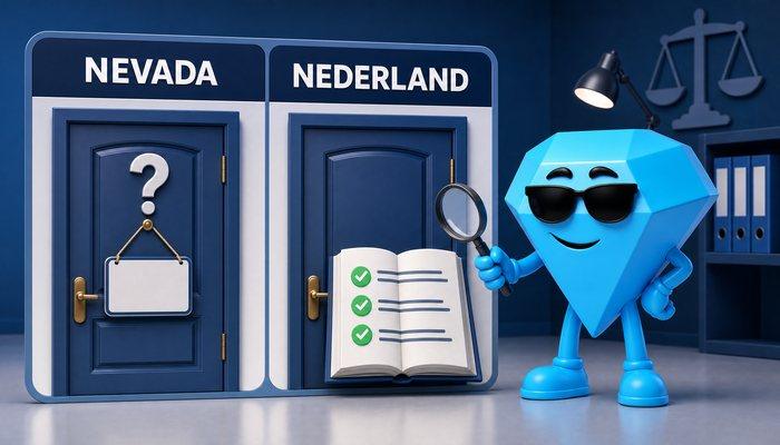 Twee gesloten casinodeuren naast elkaar: links een leeg bordje met een vraagteken, rechts een opengeslagen wetboek met afgevinkte regels