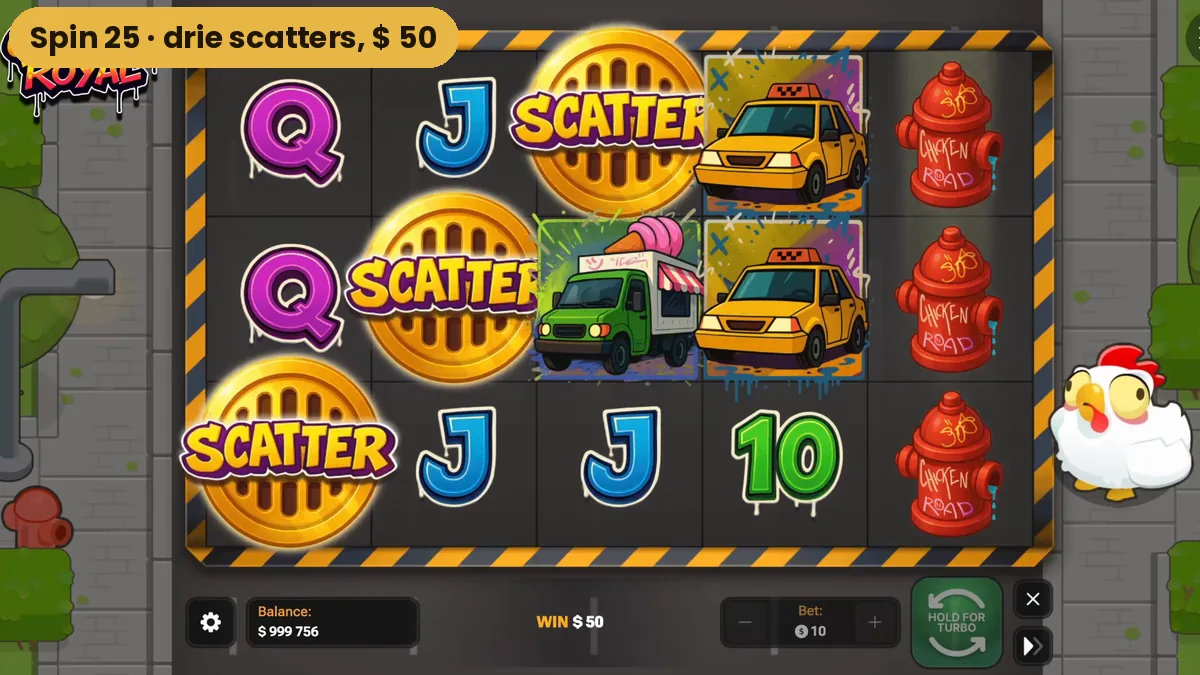 Drie scatters op de rollen van Chicken Royal tijdens spin 25, goed voor 50 dollar en de free spins