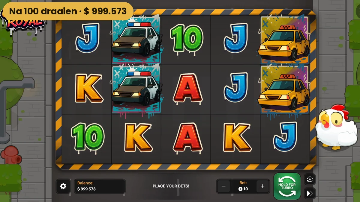 Het saldo van Chicken Royal na 100 draaien: 999.573 dollar