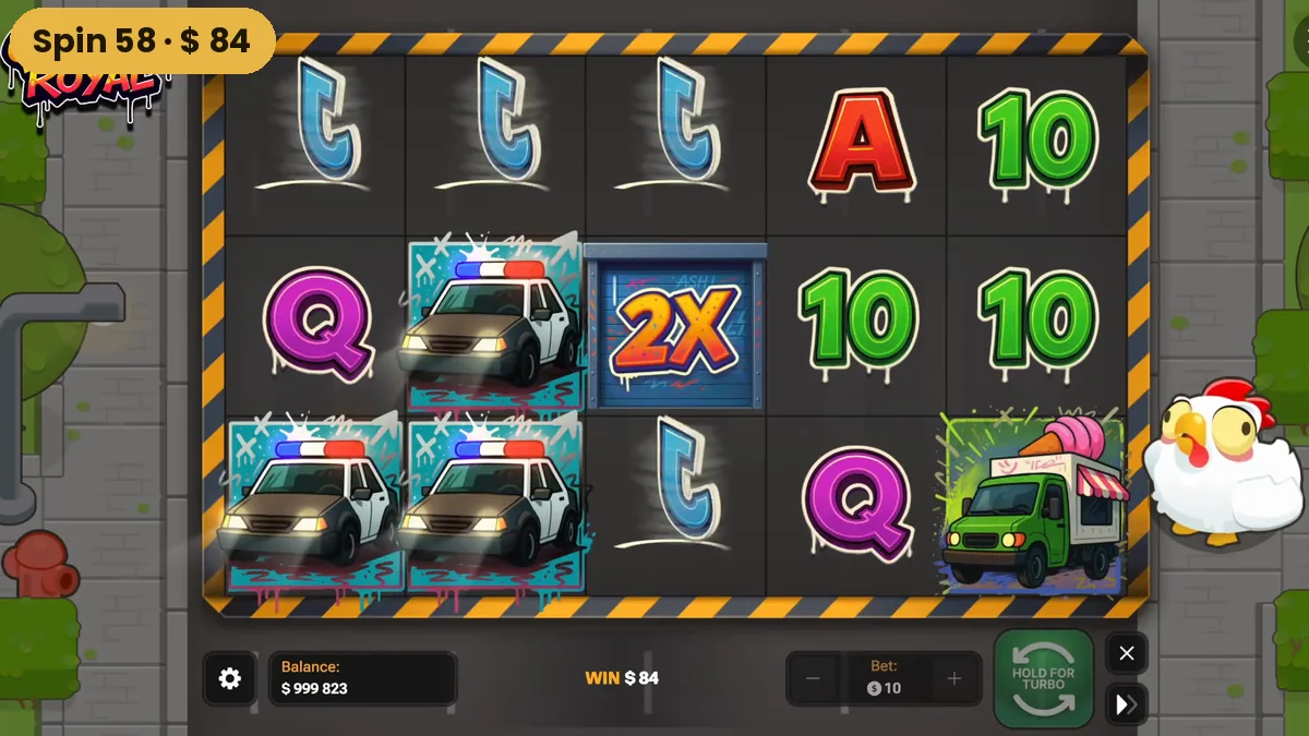 Politiewagens met een 2x-wild op Chicken Royal tijdens spin 58, goed voor 84 dollar