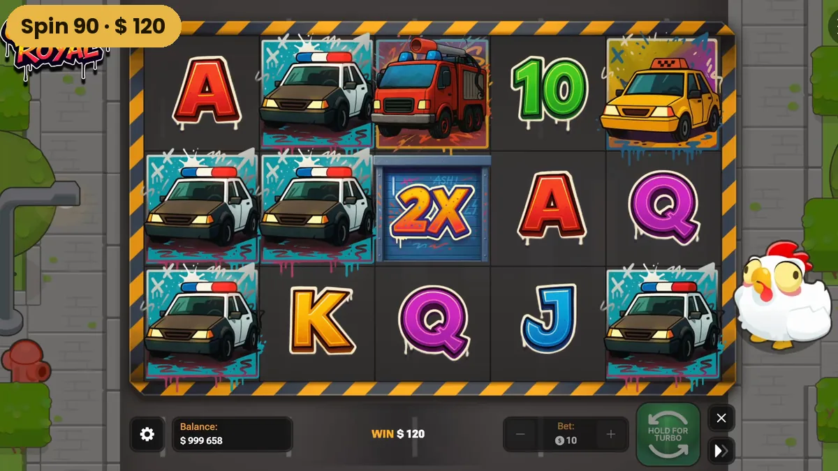 De grootste winst in het basisspel van Chicken Royal: 120 dollar op spin 90